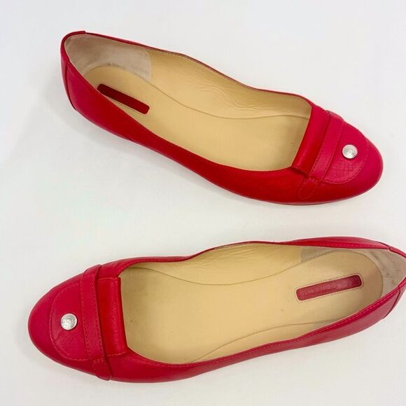 Longchamp Red Leather Logo Snap Toe Italian Made Slip On Classic Ballet Flats - Picture 6 of 15